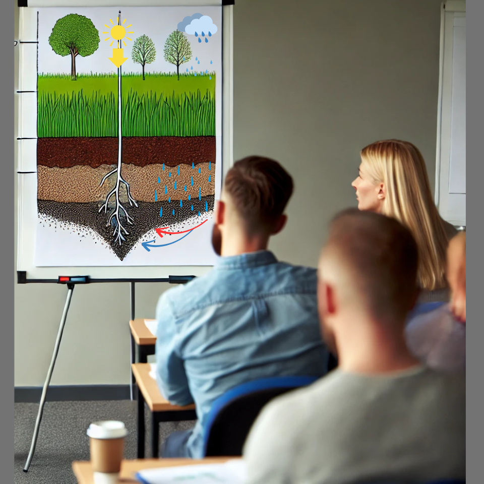 Fachwissen zu Boden, Pflanzen und Produkten. Workshop-Gruppe vor Flipchart – Teilnehmer entdecken begeistert das Thema Boden, Pflanzenwachstum, Dünger und Bodenaktivatoren.