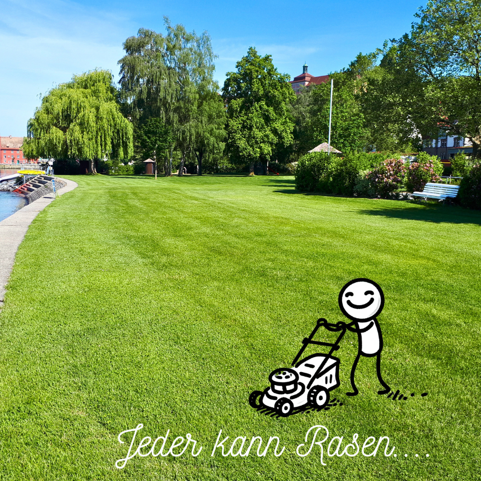 Rasenfläche mit Rasenworkshop Strichmännchen mäht eine grüne Rasenfläche – steht für einfache, umweltfreundliche Rasenpflege mit Tipps zu Rasenmähern, Dünger und Moos.